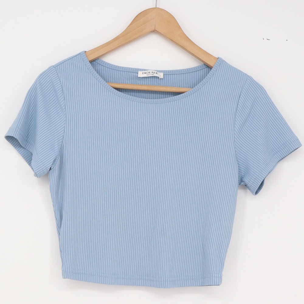 Ekouaer Crop Top Womens S Ribbed Knit Light Blue Short Sleeve Excellent